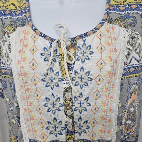Yellow Gray Embroidered Blouse Patchwork Paisley Boho Festival Hippie 0X - Picture 2 of 11
